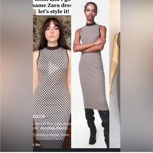 Viral TIKTOK ZARA Brown and White Checkered dress, Midi Contour Knit Size medium